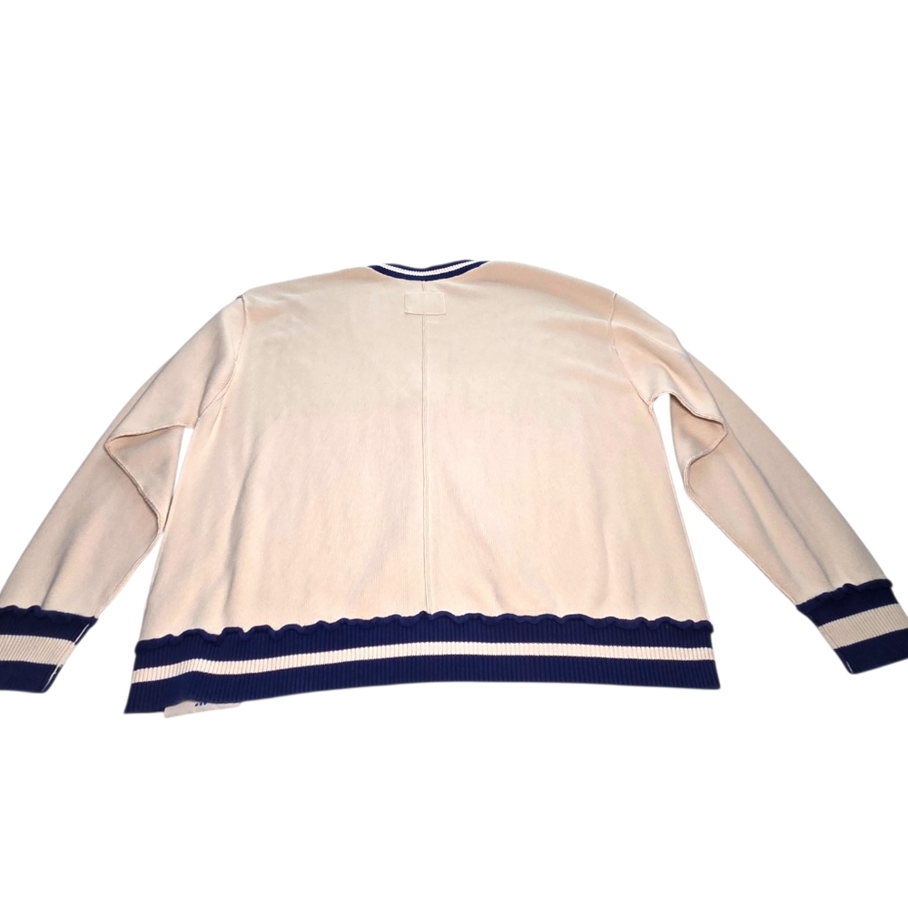 We The Free Varsity Cardigan Ecru Blue Cable Knit Oversized Collegiate S NWOT - Picture 15 of 15